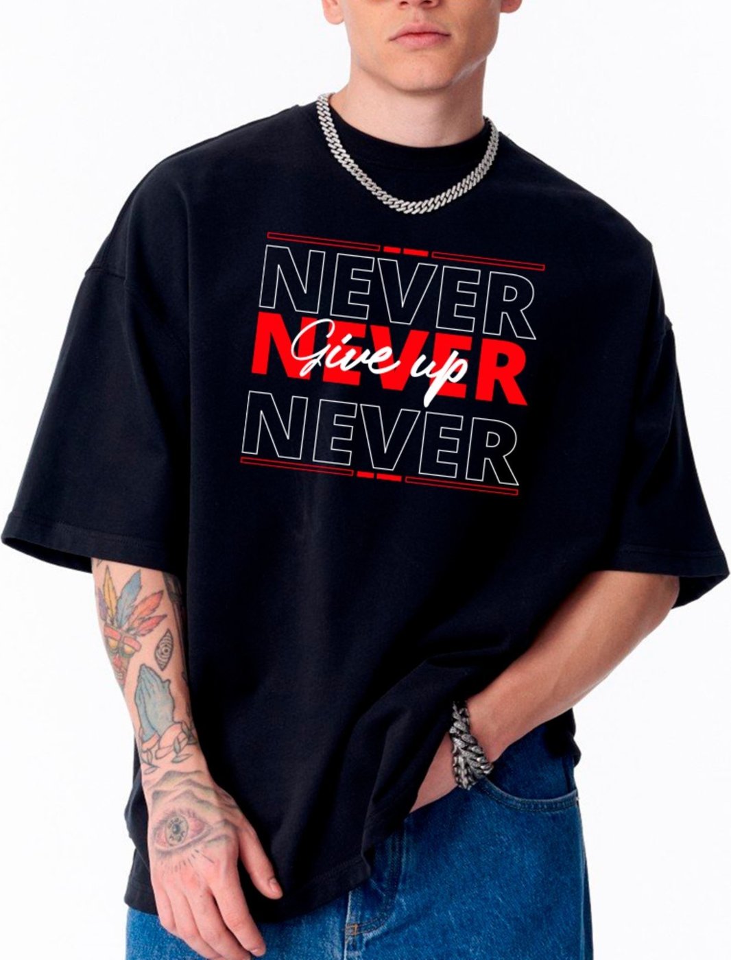 Imagem principal Camiseta Ousy Frase Positiva Never Give Up Oversized Unissex preto ousy preto