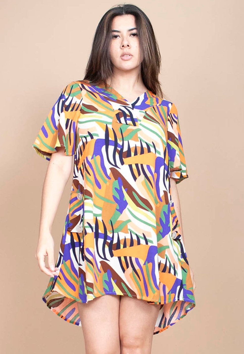 Vestido Cabanafree Curto Pataxô Viscose Mullet Decote V Estampa Cores Vibrante