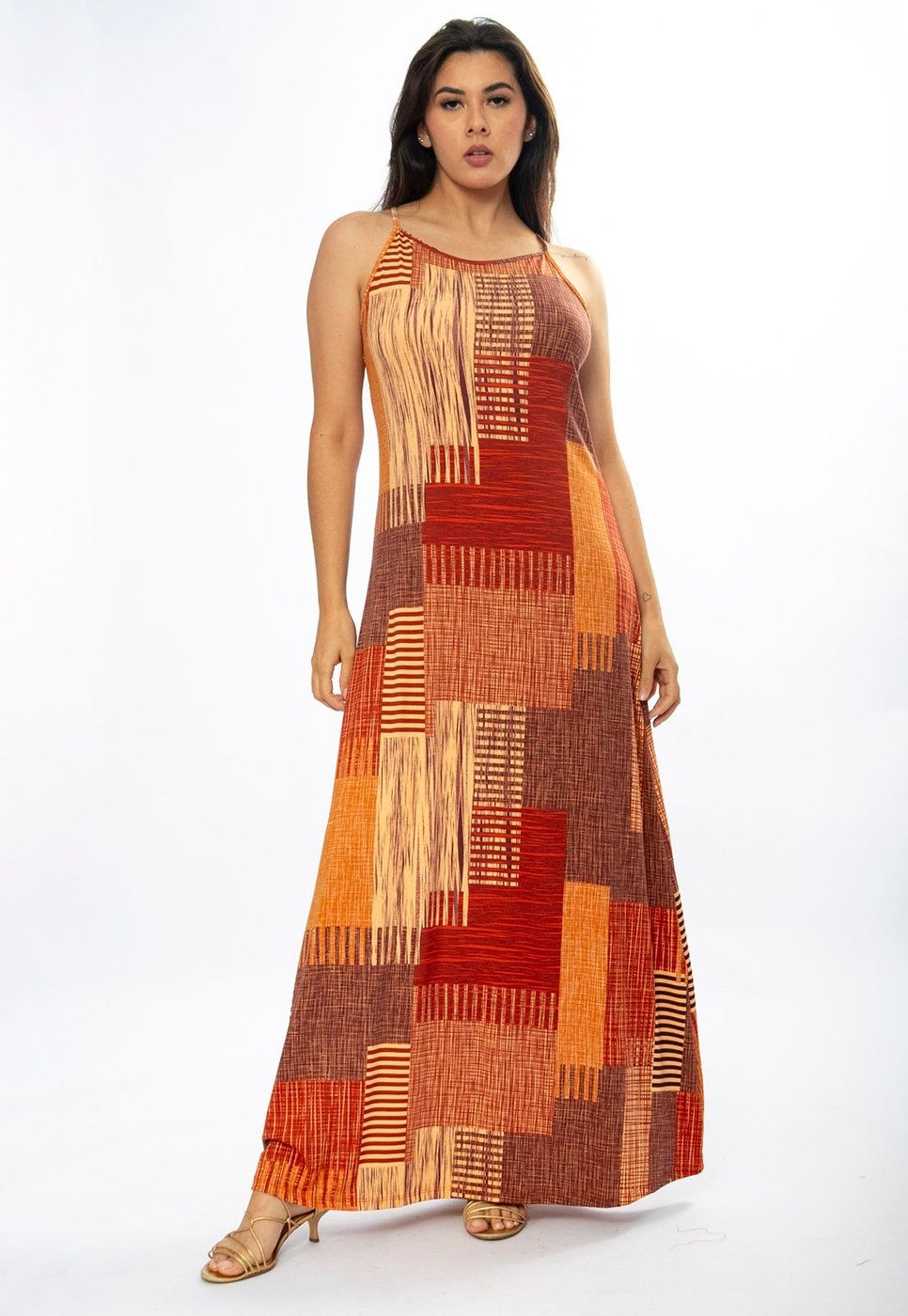 Vestido Longo Amazônia Vital Malha Trapézio Estampa Tramas do Sol