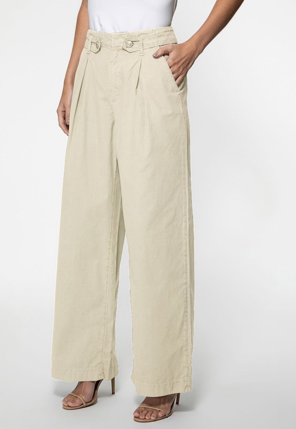 Calça Sarja Guess Wide Leg Botões Bege