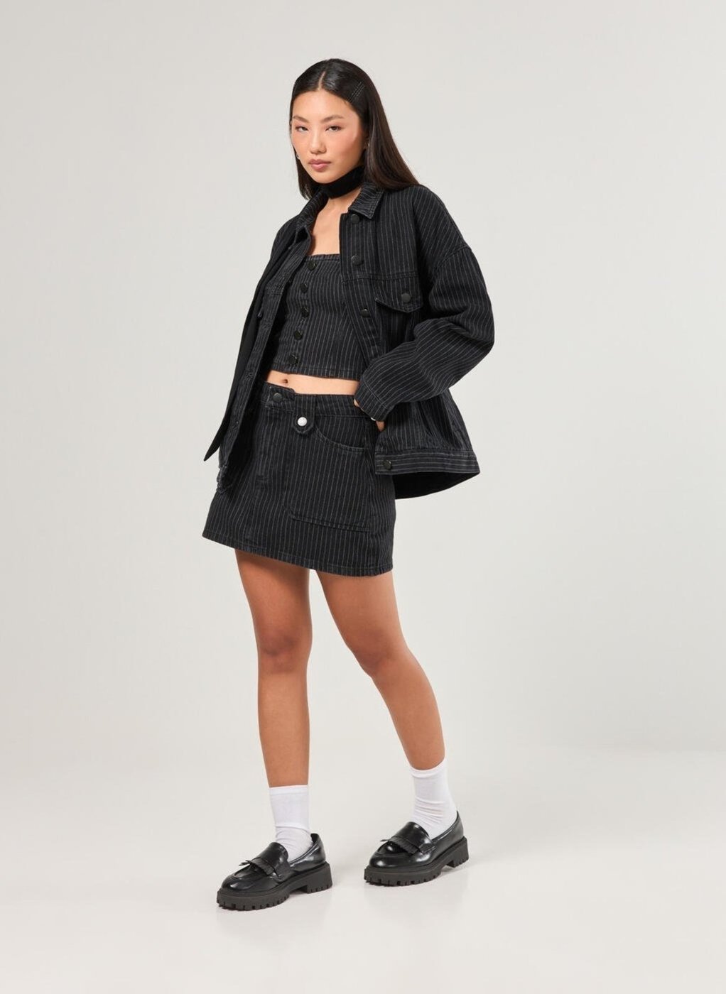 Saia Jeans Preta Risca De Giz