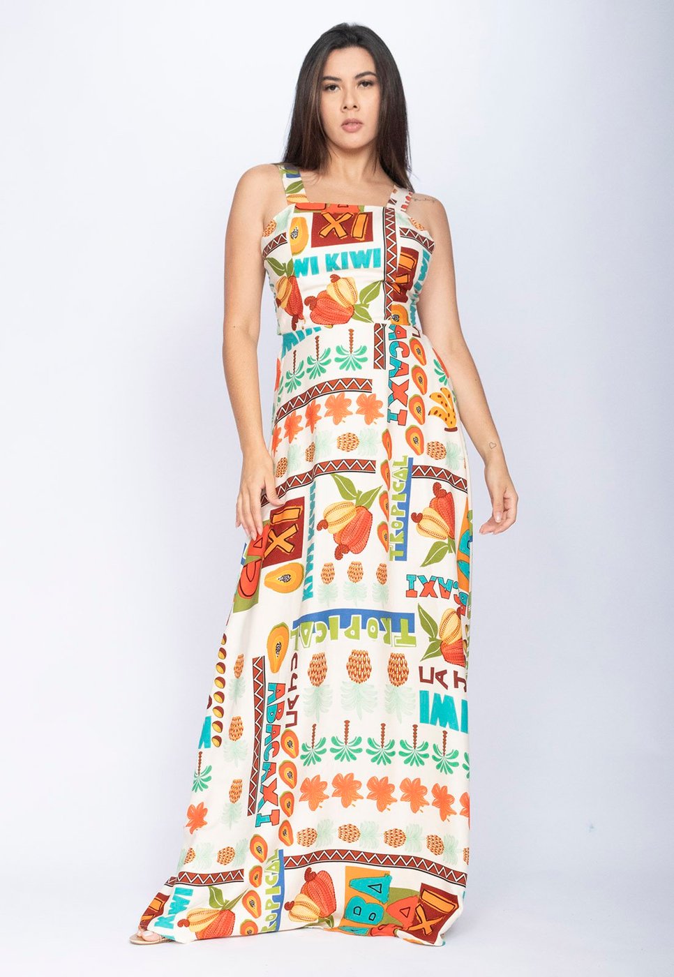 Vestido Amazônia Vital Regata Longo Estampa Frutas do Brasil