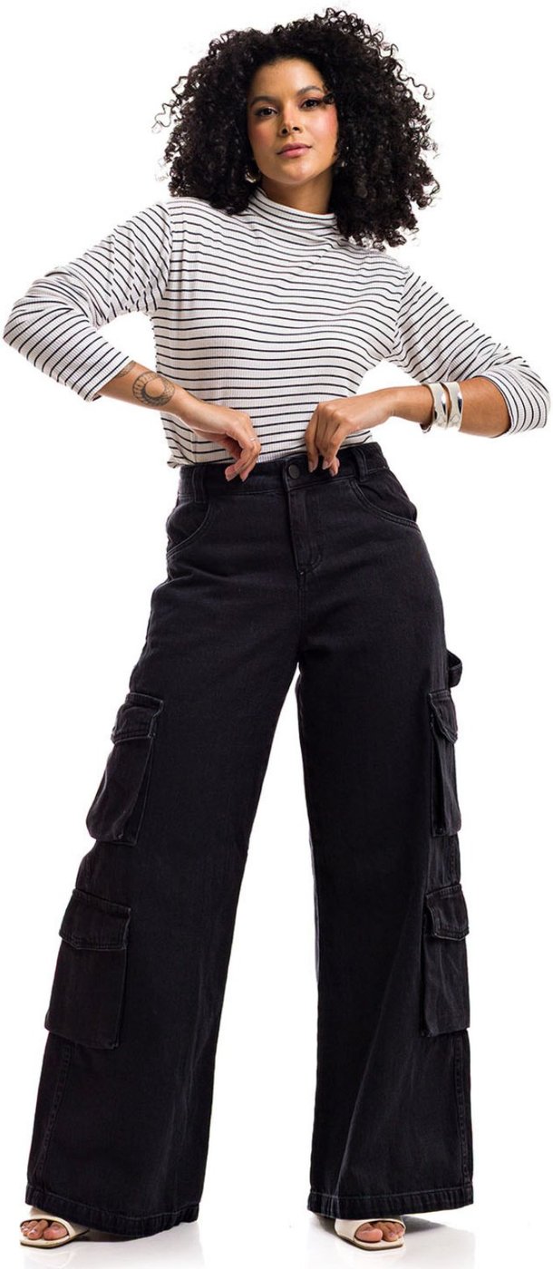 Calça Pantalona Cargo Restrito Jeans Black 8 Bolsos - Preto