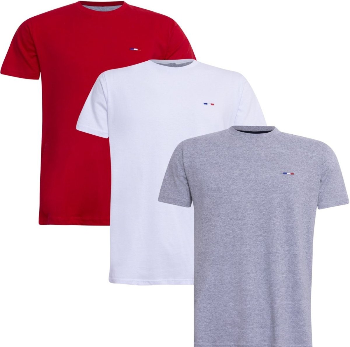 Imagem principal Kit 3 Peças Camisetas Básicas Masculina FMF Vermelho Cinza em Algodão Premium no Estilo Tommy Bordado França branco FMF branco