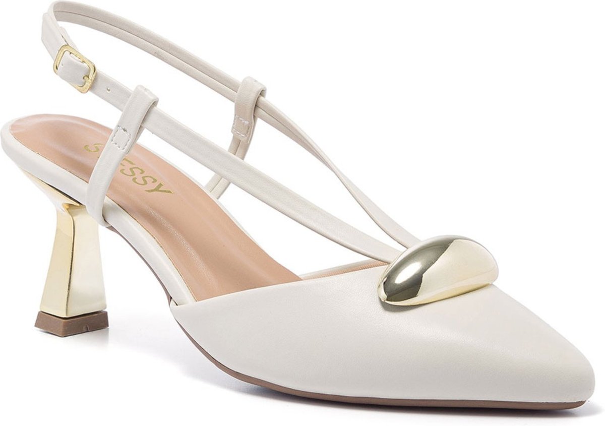 Imagem principal Scarpin Feminino Slingback Stessy Salto Baixo Taça Metalizado Lesma Off White Stessy Shoes preto white Stessy Shoes preto white