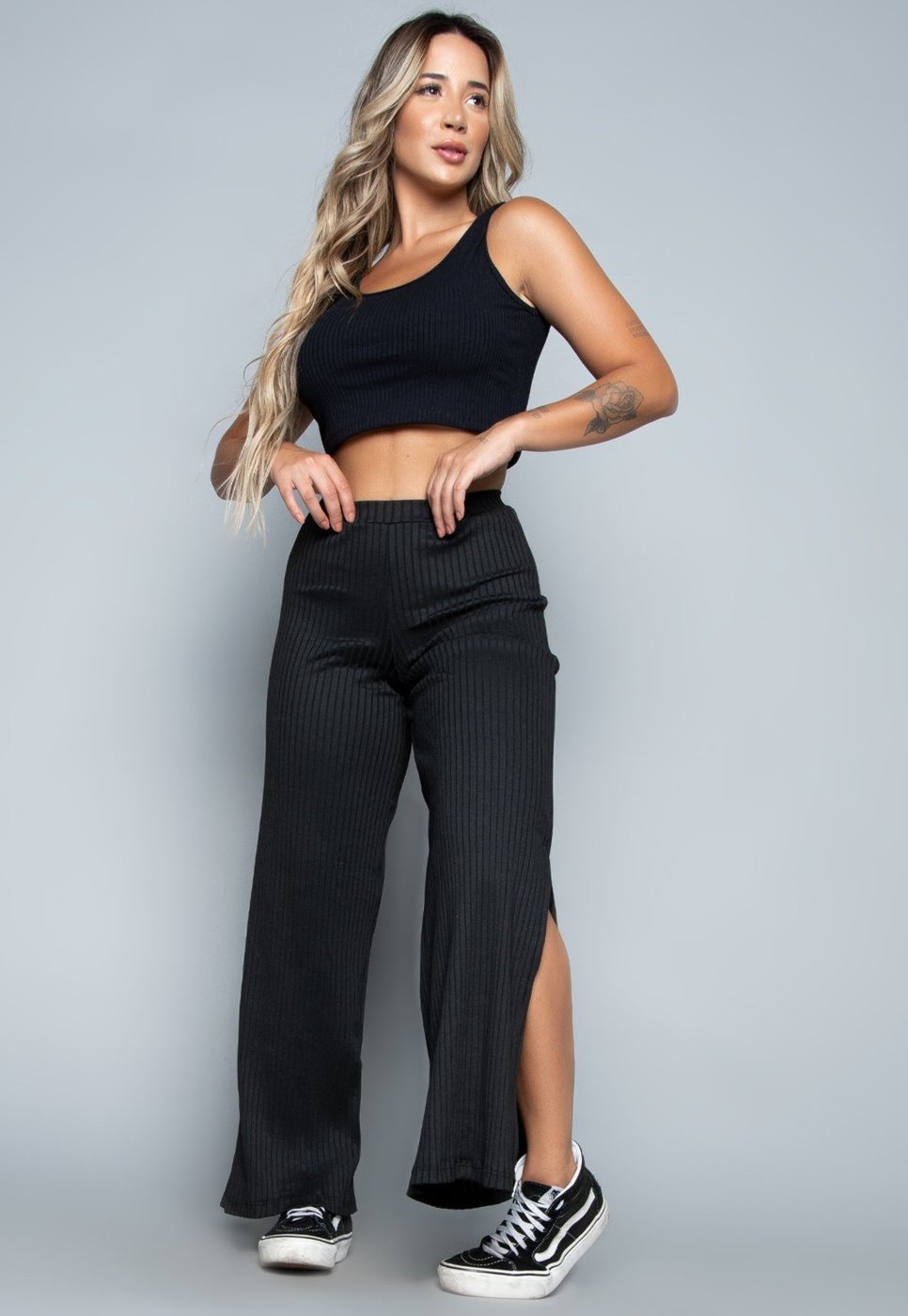 Conjunto Cropped Regata Calça Flare Pantalona WLS Modas Canelado