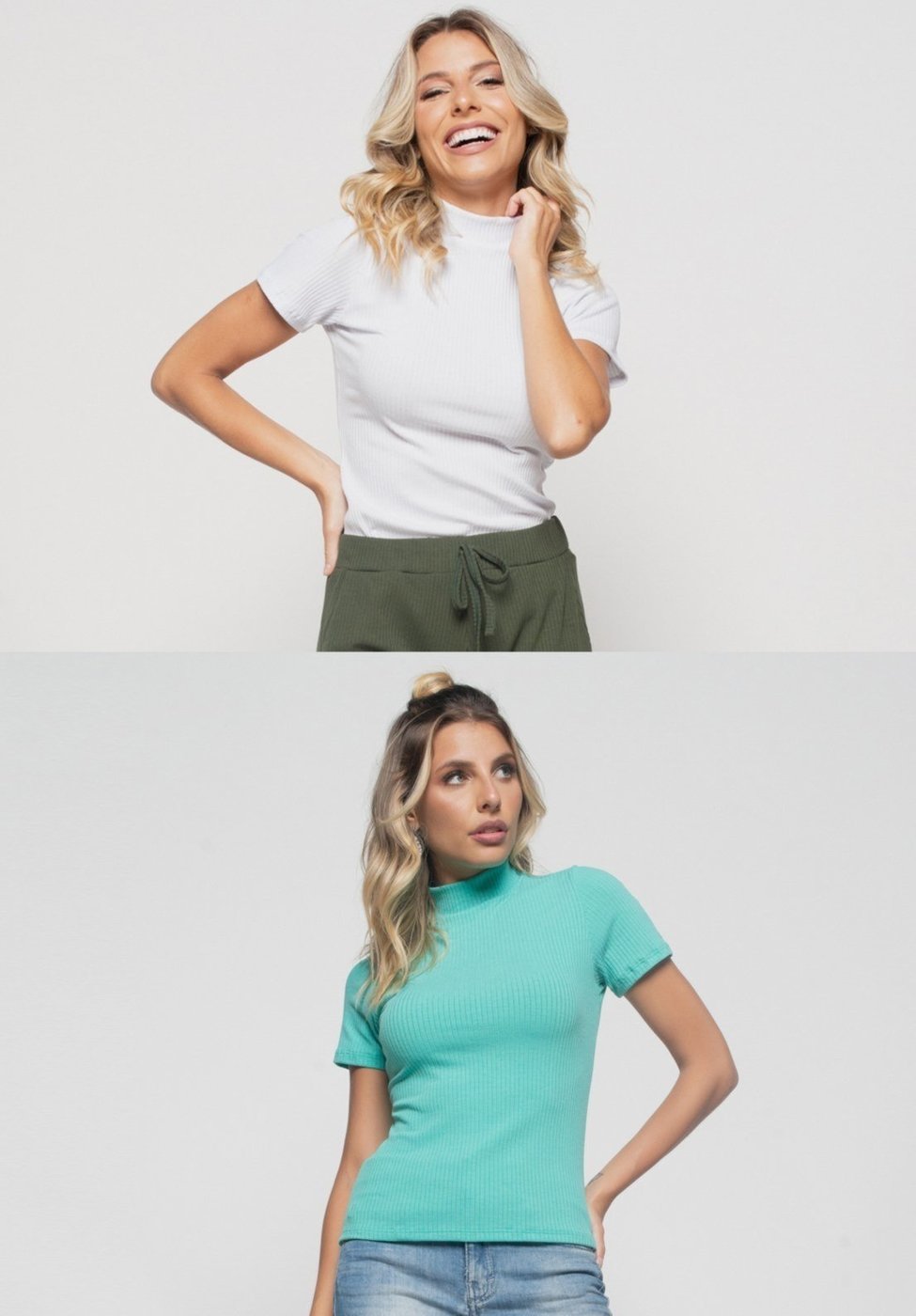 Kit 2 Blusas Salvatore Gola Alta Comfy Malha Canelada Branca e Verde Claro
