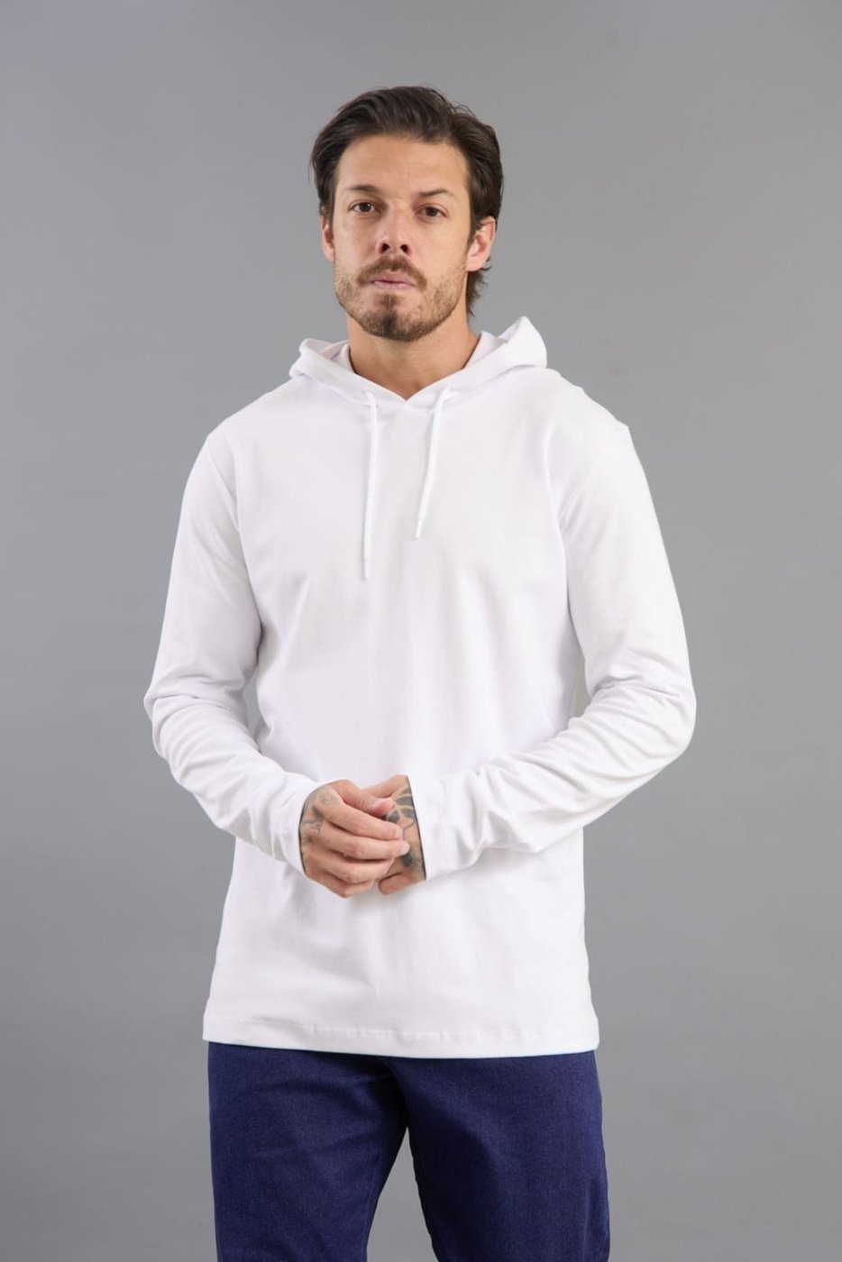 Camiseta Masculina Manga Longa Com Capuz Dialogo Jeans