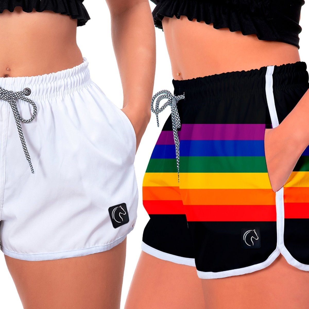 Imagem principal Kit 2 Shorts Feminino Premium Secagem Rápida com Elástico Cordão Ajustável e Bolsos Moda Praia Casual ou Treino Academia e Arco-Íris W2 STORE listrado/multicolorido/preto W2 STORE listrado/multicolorido/preto