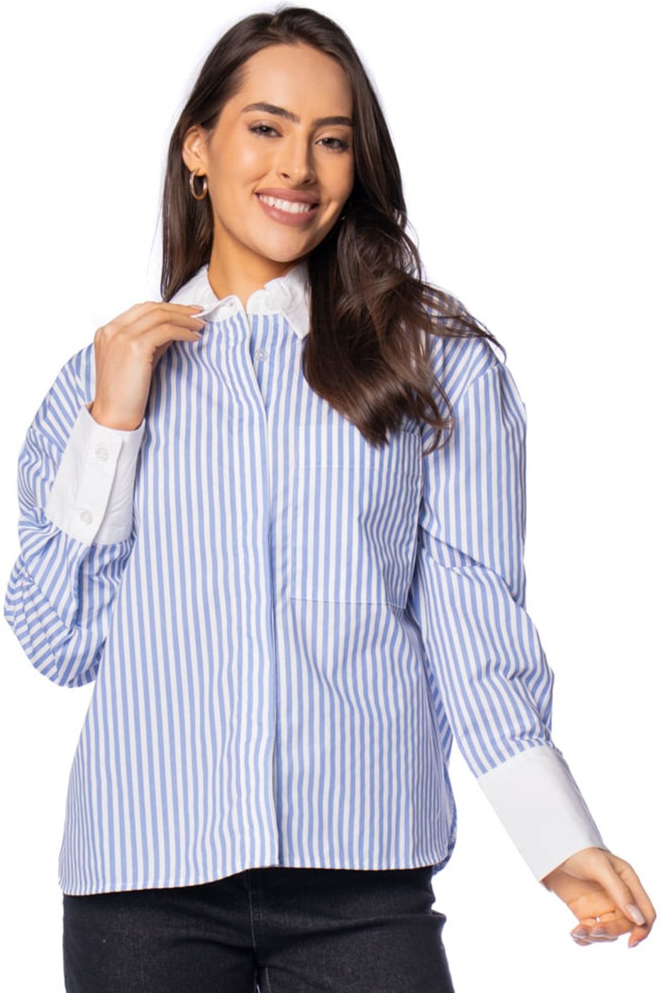 Camisa Social Feminina The Style Box Listrada Branco