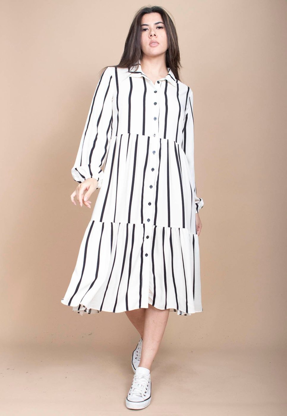 Vestido Cabanafree Midi Estampa Essencial Listrada Branco