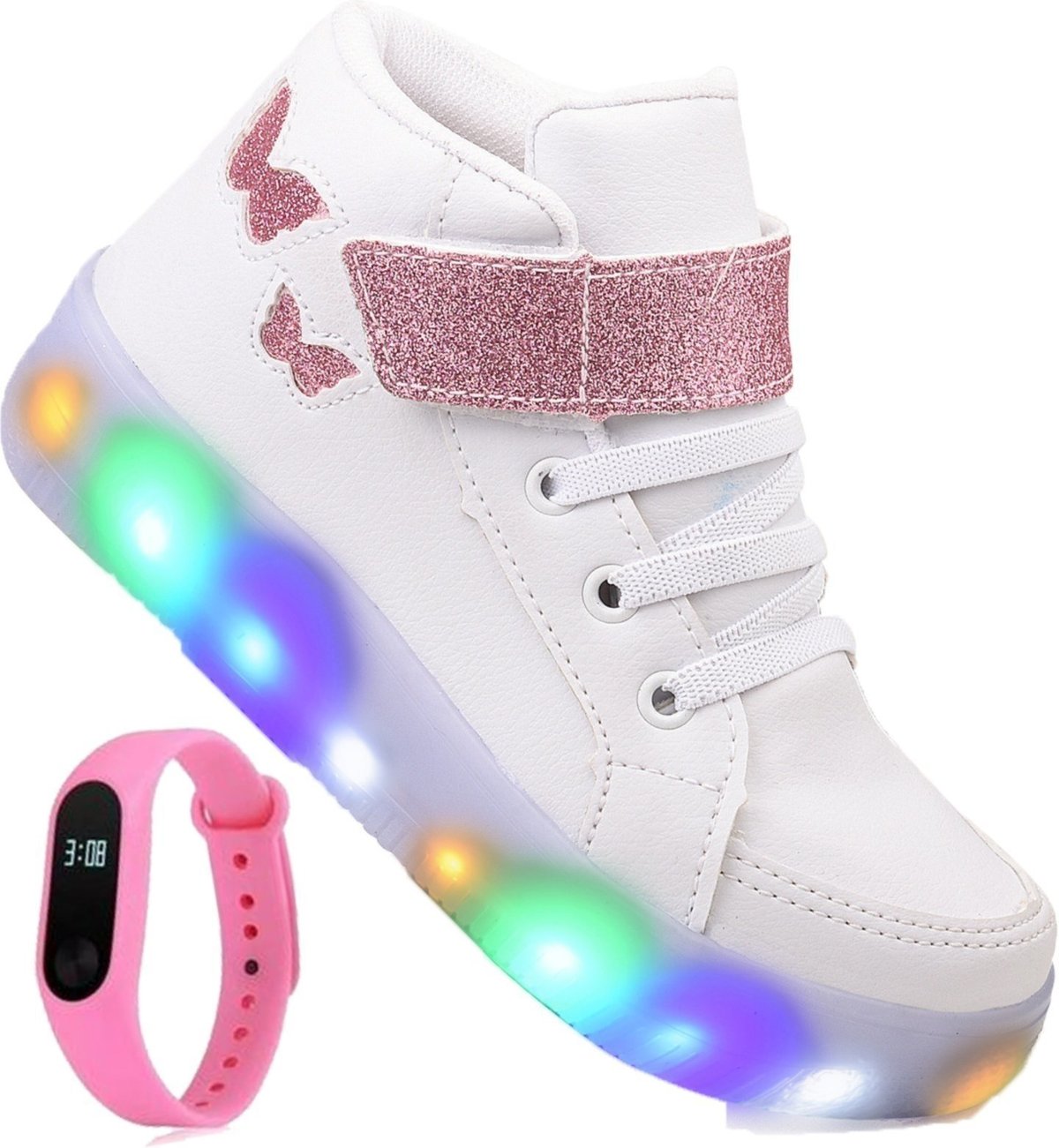 Imagem principal Infantil - Tenis Feminino de Led Botinha Borboleta Glitter Calce Facil + Relogio CALCADOS LGHT LIGHT branco CALCADOS LGHT LIGHT branco