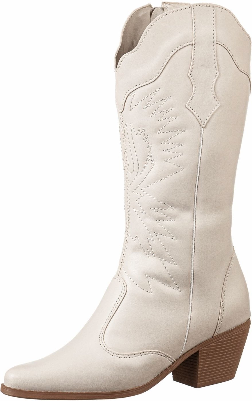 Bota Texana Country Gigil Cano Médio Bordada Off White