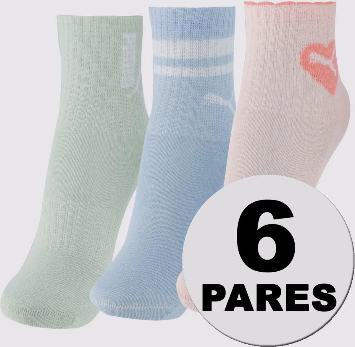Kit Meia Puma Cano Longo 6 Pares Rosa Azul e Verde