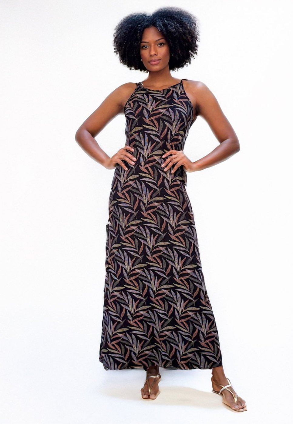 Vestido Longo Cabanafree Jennifer Malha Trapézio com Bolso Estampa Folhagem