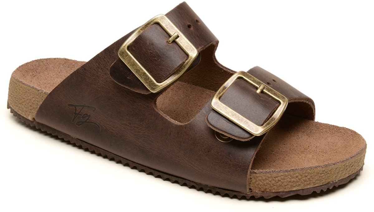 Sandália Papete Couro Unissex Ajuste Fivelas Forro Couro Solado Flat Emborrachado Anatômico NESCAU