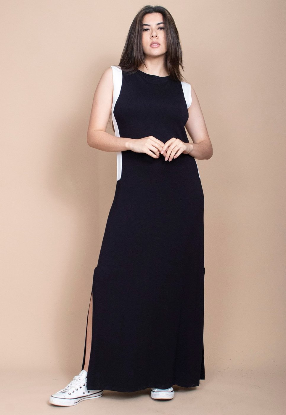 Vestido Cabanafree Longo Malha Preto com Detalhes