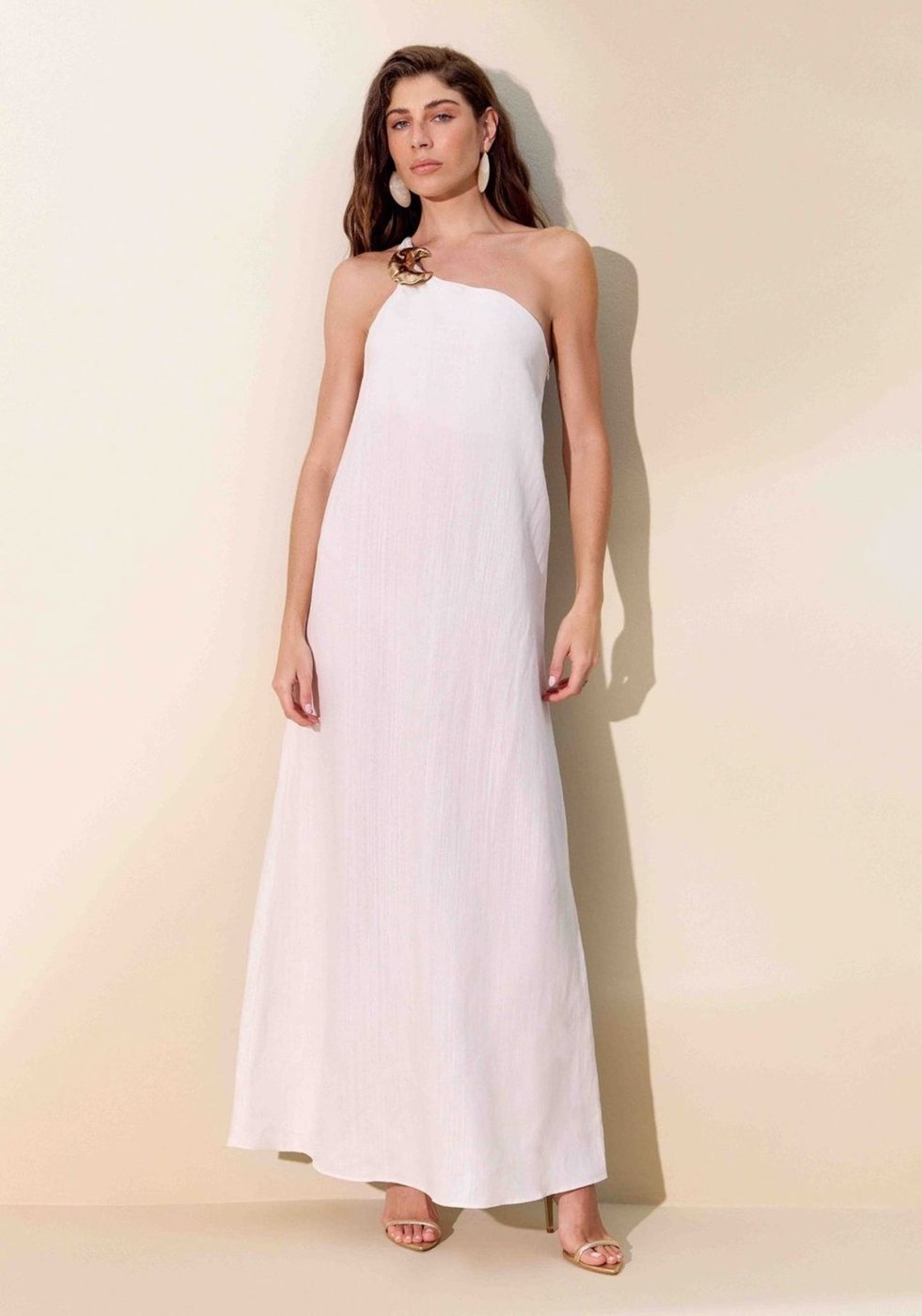 Vestido Super Midi Ombro Único Com Linho