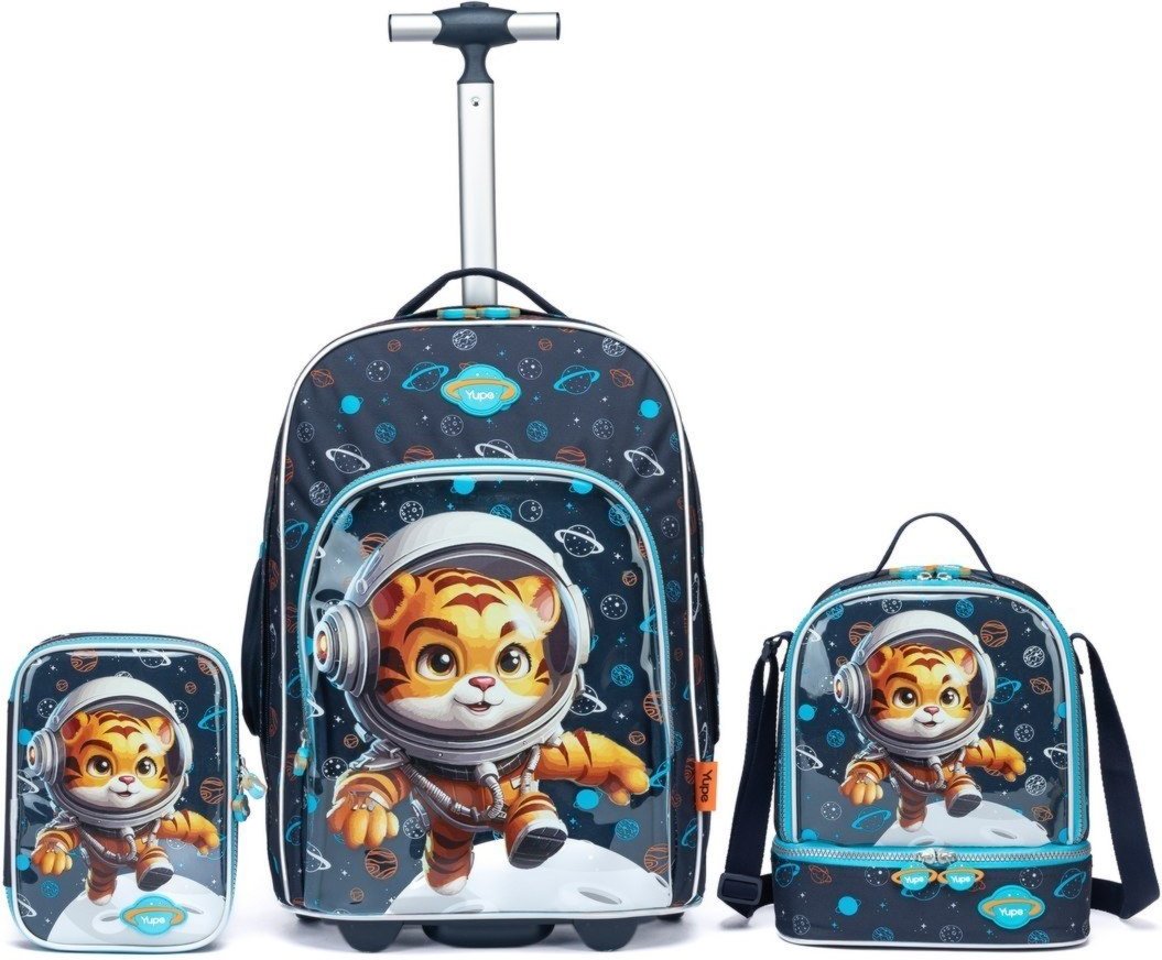 Infantil - Kit Mochila Escolar Menino Rodinha Estojo Lancheira Resistente Astronauta Tigre