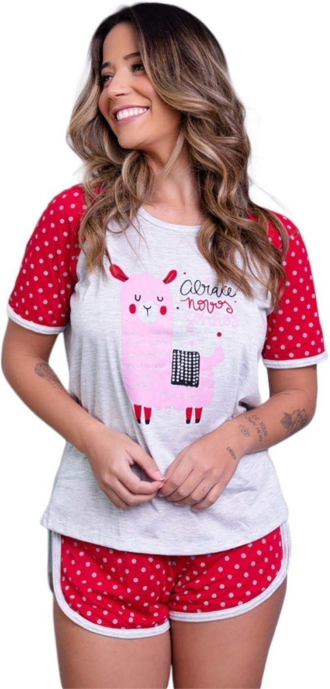 Pijama Feminino Serra e Mar Modas Manga Curta Estampada Adriana
