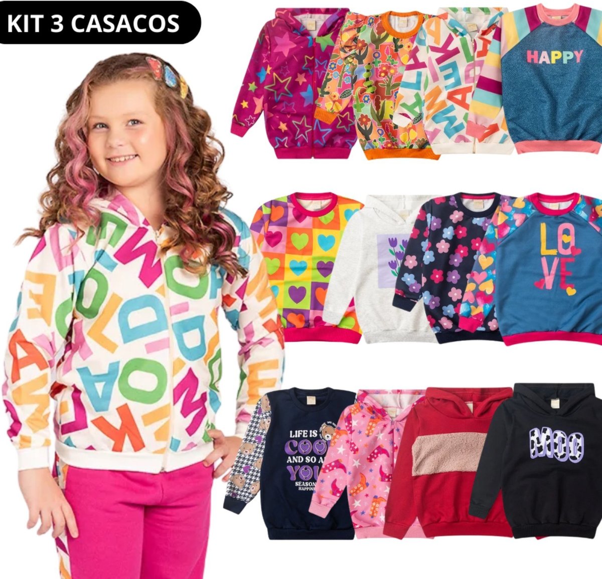 Imagem principal Infantil - Kit 3 Casacos Molekada Menina Sortido em Moletom Felpado multicolorido Molekada multicolorido