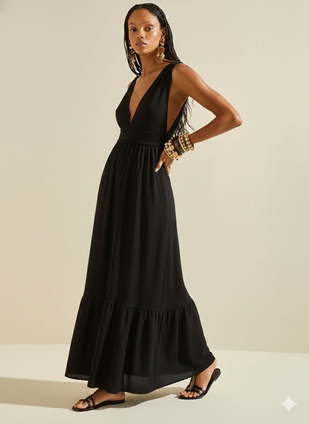 Vestido Morena Rosa Solto Decote V Com Alça Midi Preto