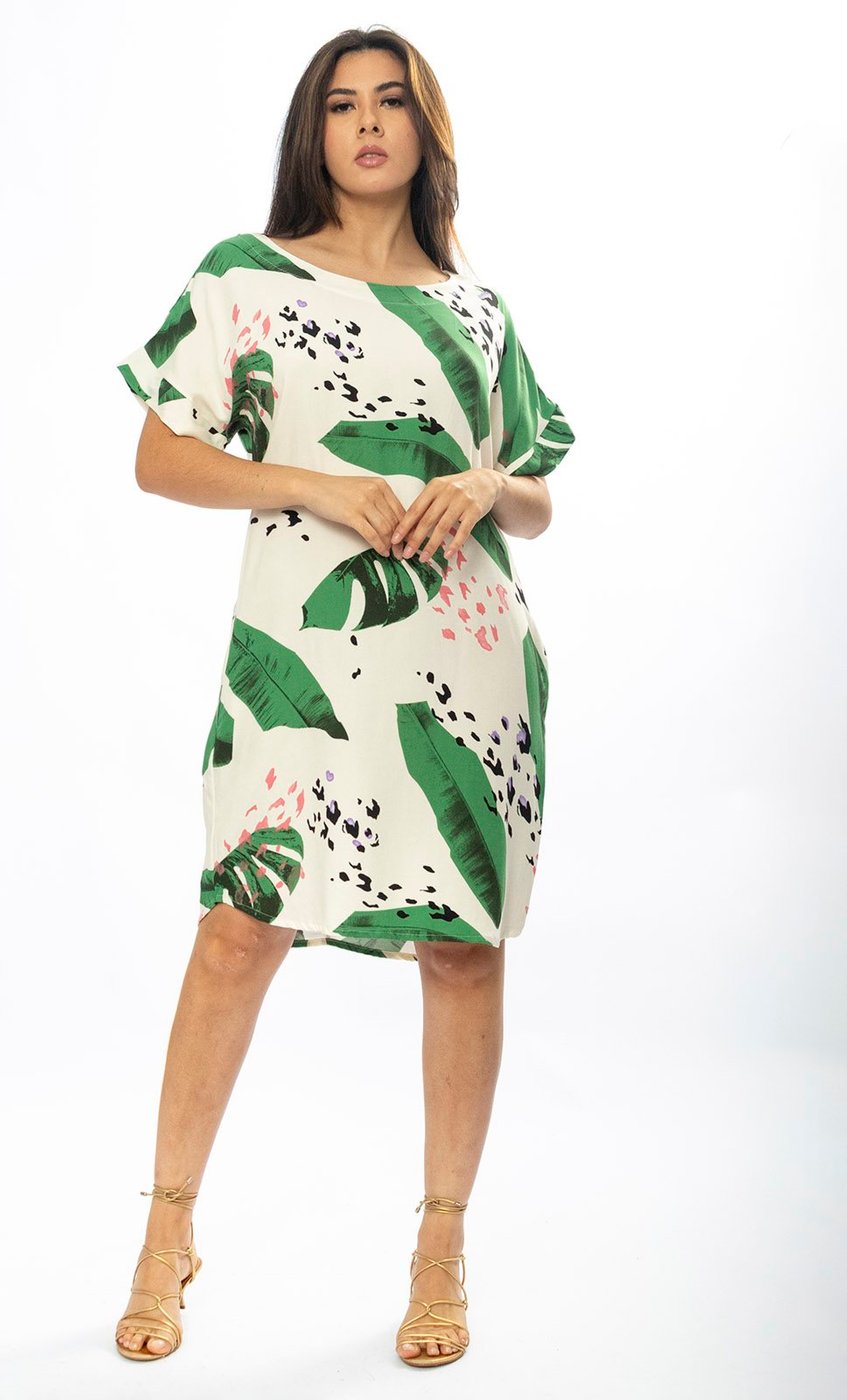 Vestido Curto Cabanafree Viscose com Bolso Estampa Folhagem Poética