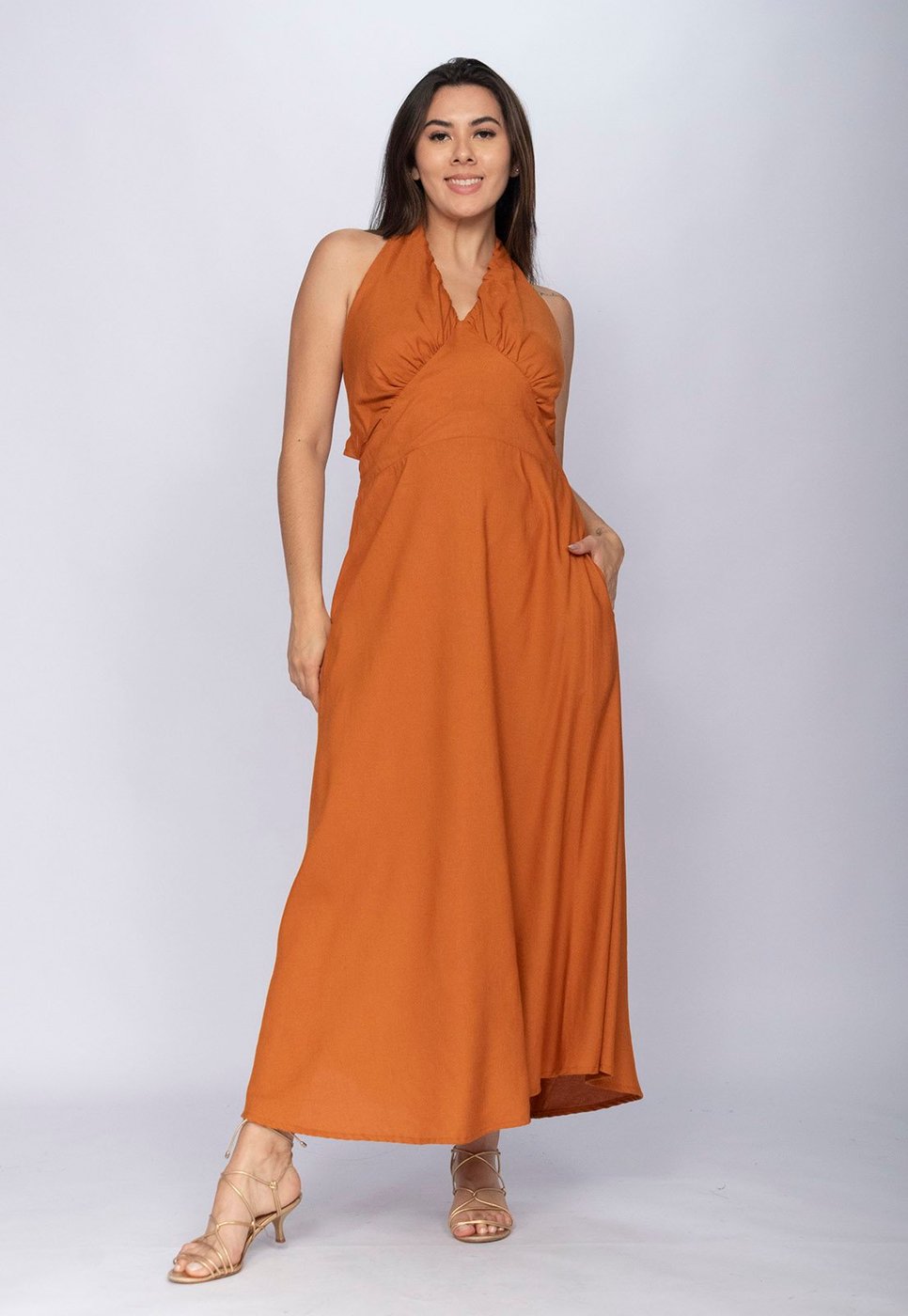 Vestido Amazonia Vital Longo Andirá Viscose Amarração nas Costas Argila