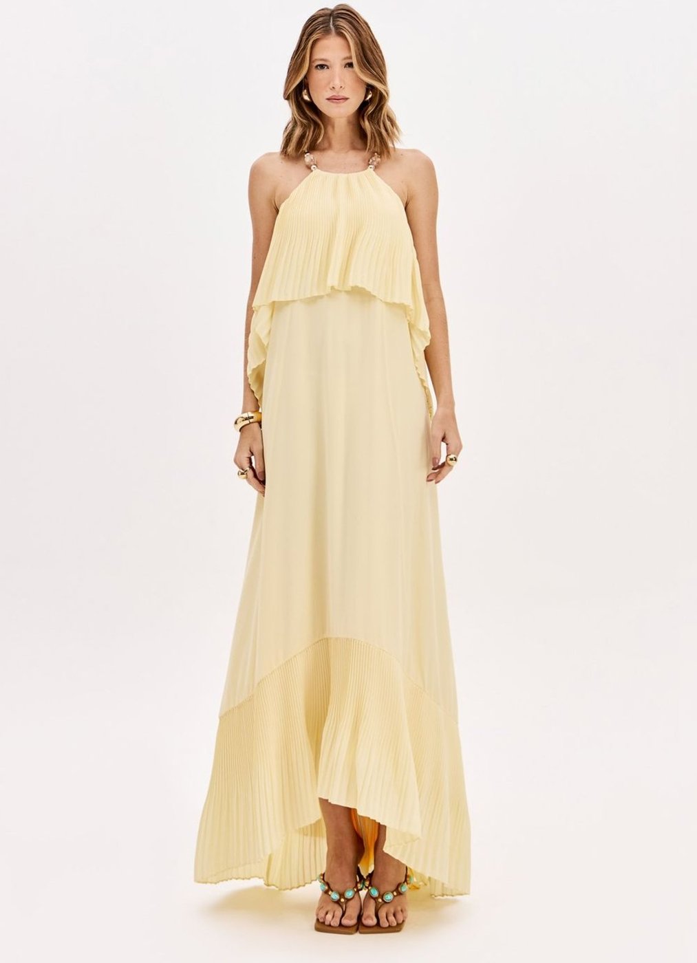 Vestido Longo Plissado Com Babado