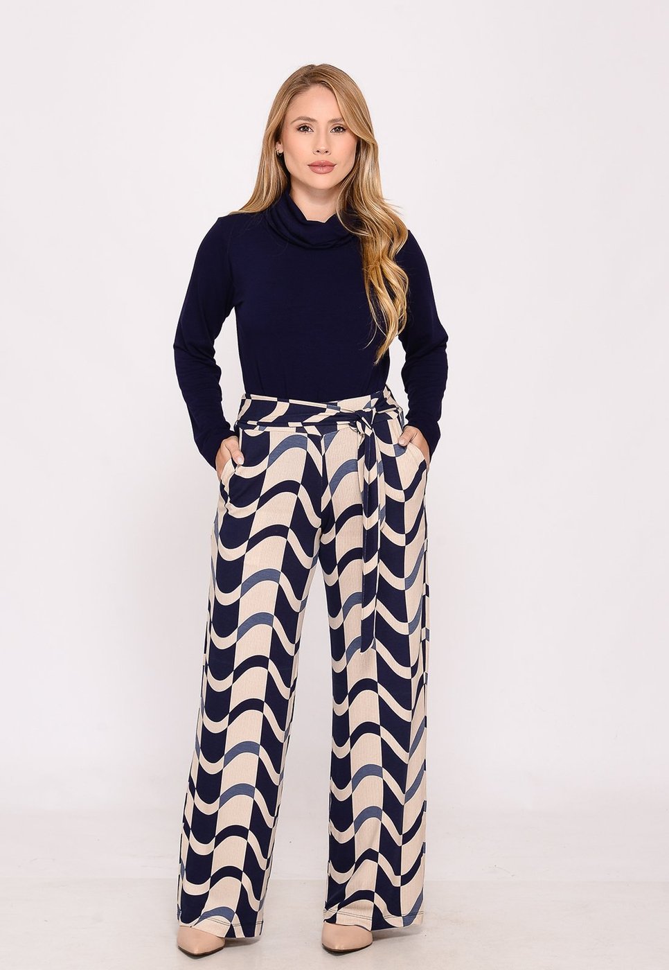 Calça Pantalona Cós largo Bolsos BBonnie Sheila Bege