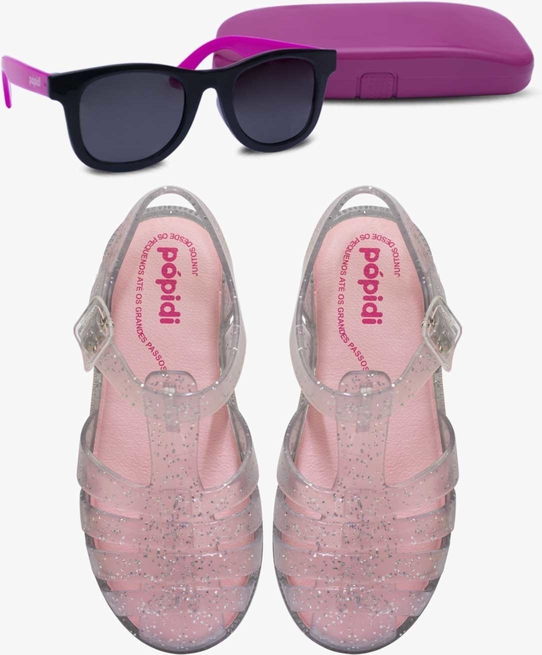 Imagem principal Infantil - Kit Sandália Aranha Glitter Com Óculos de Sol Rosa Com Capinha Pópidí prata/rosa rosa Pópidí prata/rosa rosa