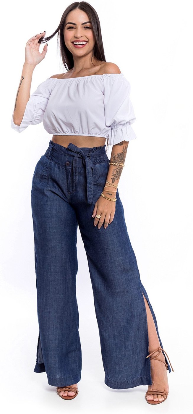 Calça Pantalona Restrito Jeans Liocel com Lastex ESCURO