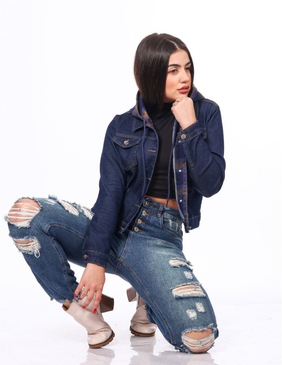 Jaqueta Feminina Razon jeans Capuz Removivel Xadrez Azul Lavagem escura
