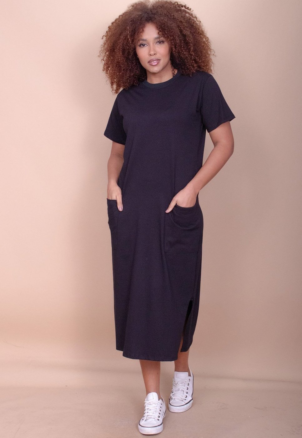 Vestido Cabanafree Midi Algodão Manga Curta 02 Bolsos