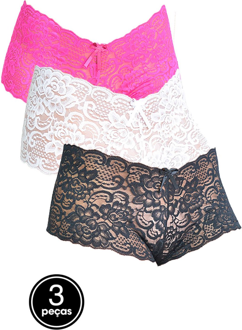 Imagem principal Kit 3 Calcinha Feminina WLS Modas Lingerie Sexy Renda Caleçon multicolorido WLS Modas multicolorido