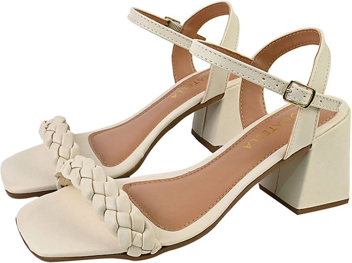 Sandália Feminina CM Calçados Bico Quadrado Salto Alto Casual Trança Confort Santorine Off White