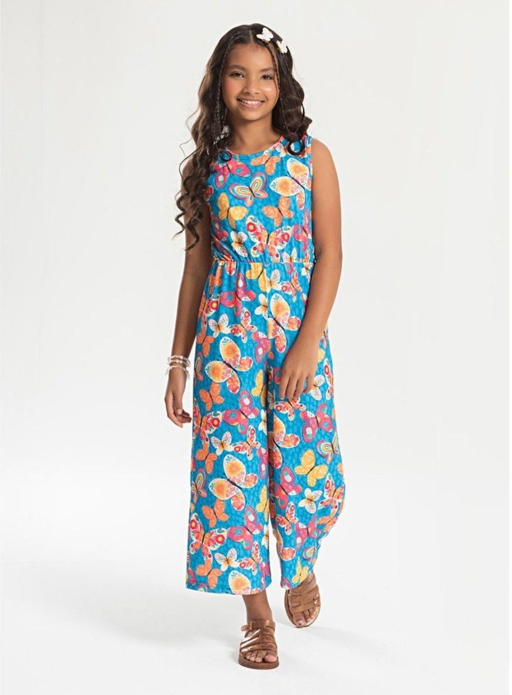 Imagem principal Infantil - Macacão Pantacourt Verão Menina com Amarração nas Costas Borboletas Molekada azul Molekada azul