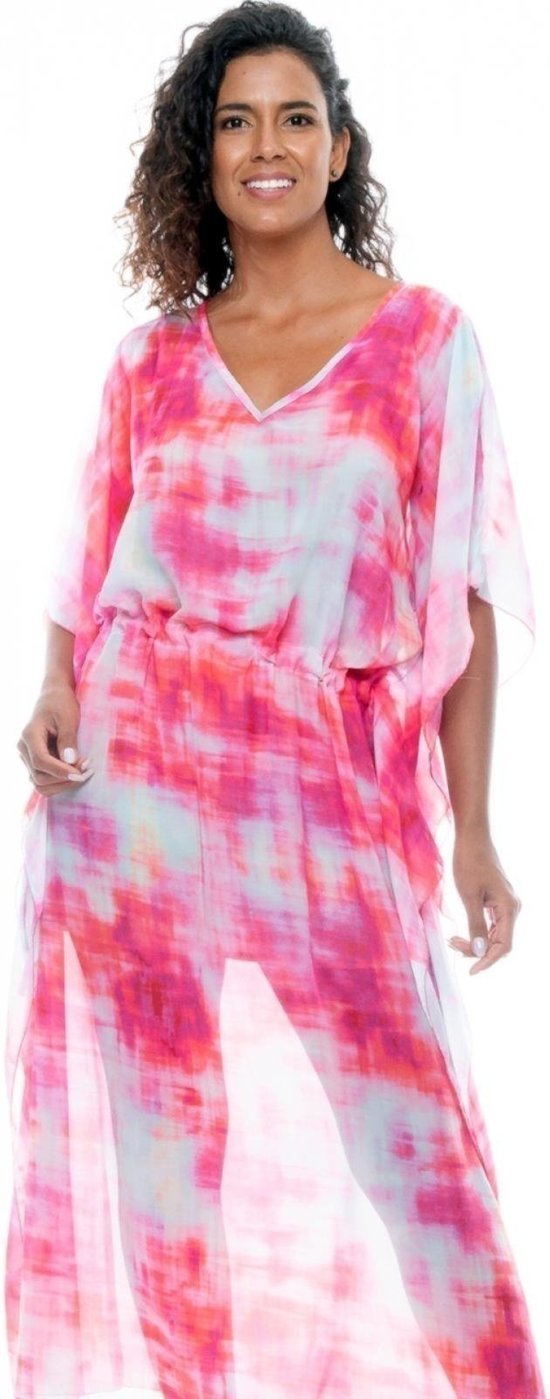 Saída Vestido Kaftan Longo Bata Crepe Semitransparente Estampado Mancha