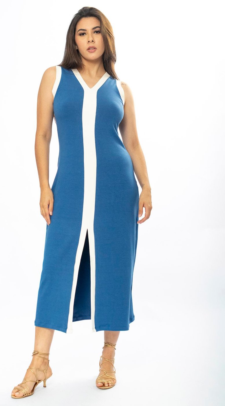 Vestido Midi Amazônia Vital Fenda Frontal Color Block Azul Bic