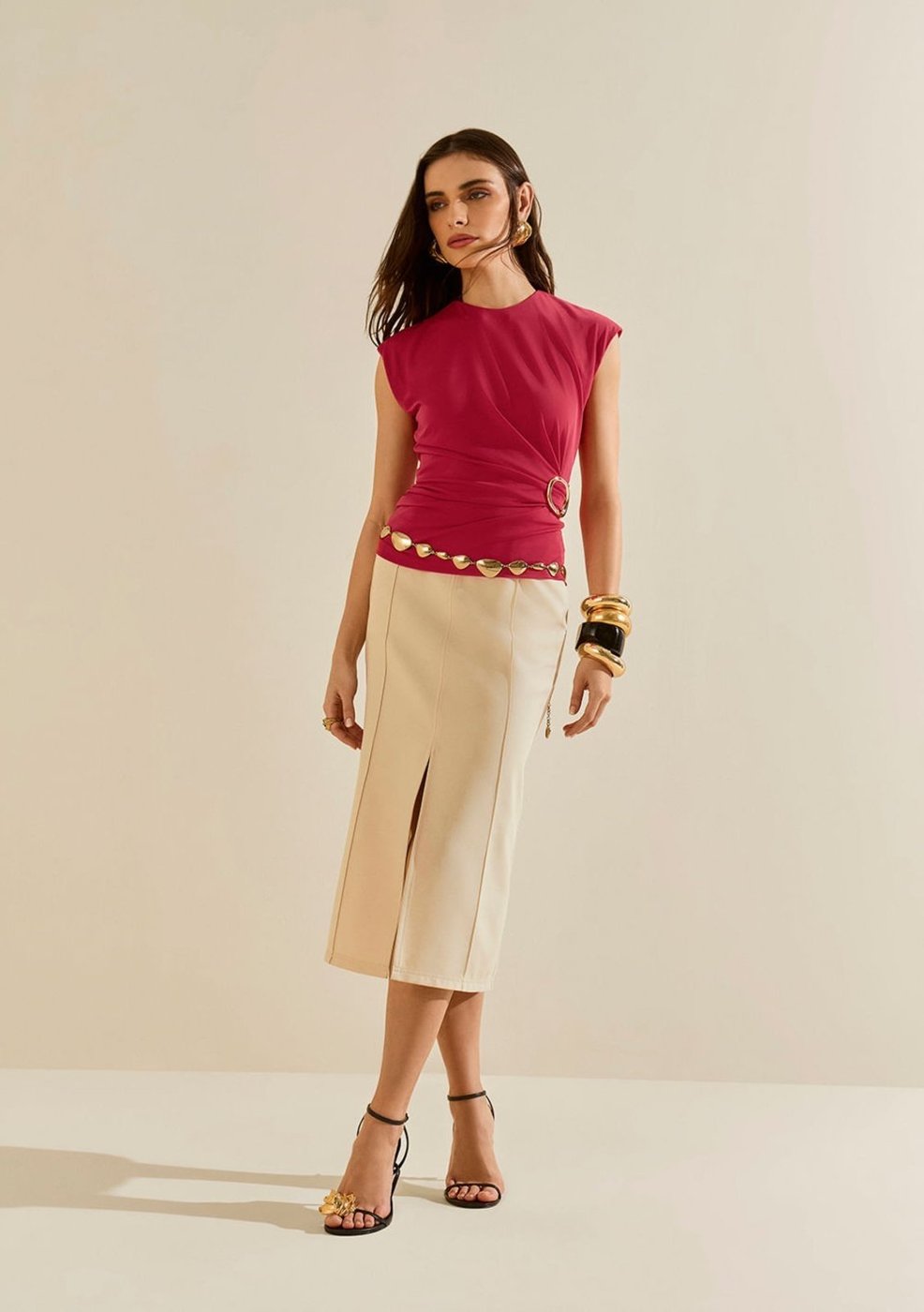 Saia Morena Rosa Lápis Alta Midi Bege