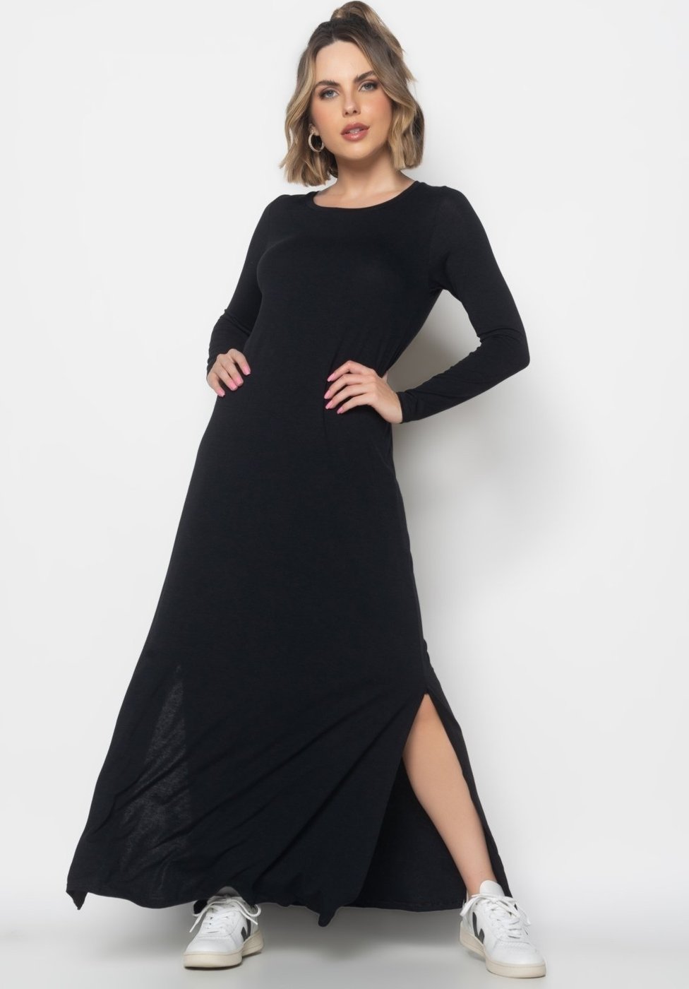 Vestido Longo Manga Longa Malha Salvatore Fashion