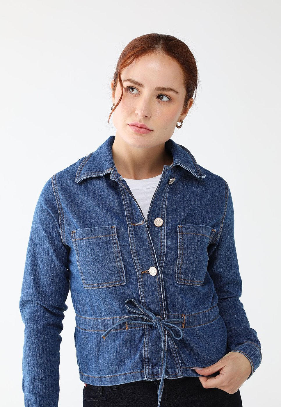 Jaqueta Jeans Sawary Reta Com ajuste frontal