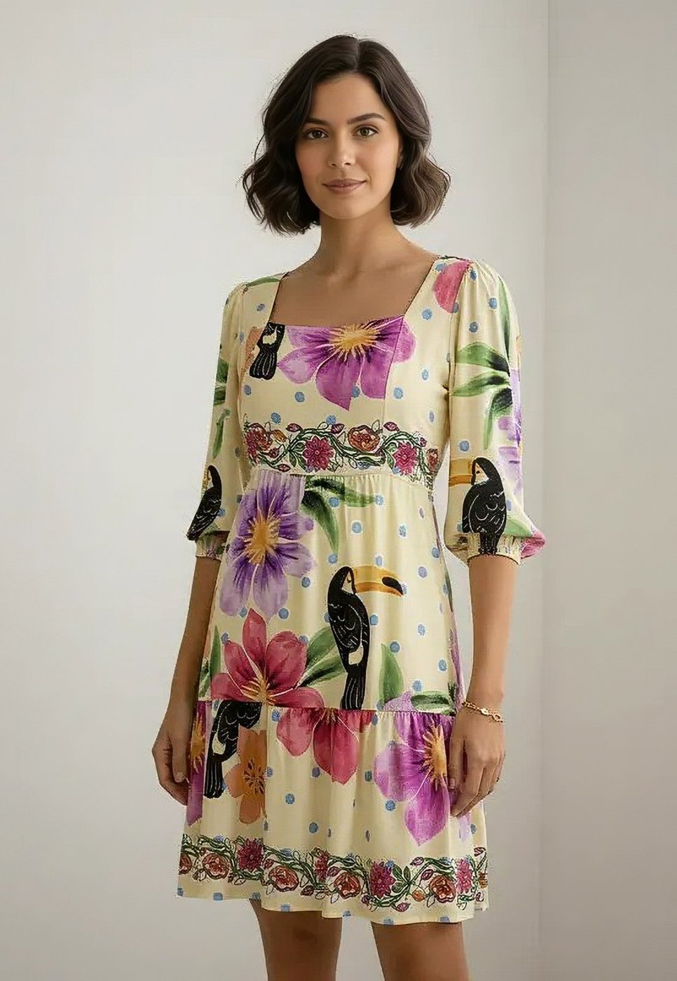 Vestido CabanaFree Curto Manga 3/4 Estampa Jardim do Cerrado