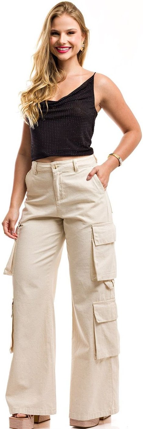 Calça Pantalona Restrito Jeans de Linho Cargo 8 Bolsos