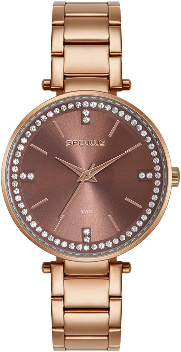 Relógio Feminino Analógico Cristais Visor Amplo Marron