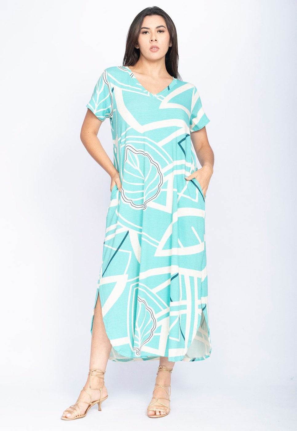 Vestido CabanaFree Midi Abapã Malha com Bolso Estampa Aqua Flora