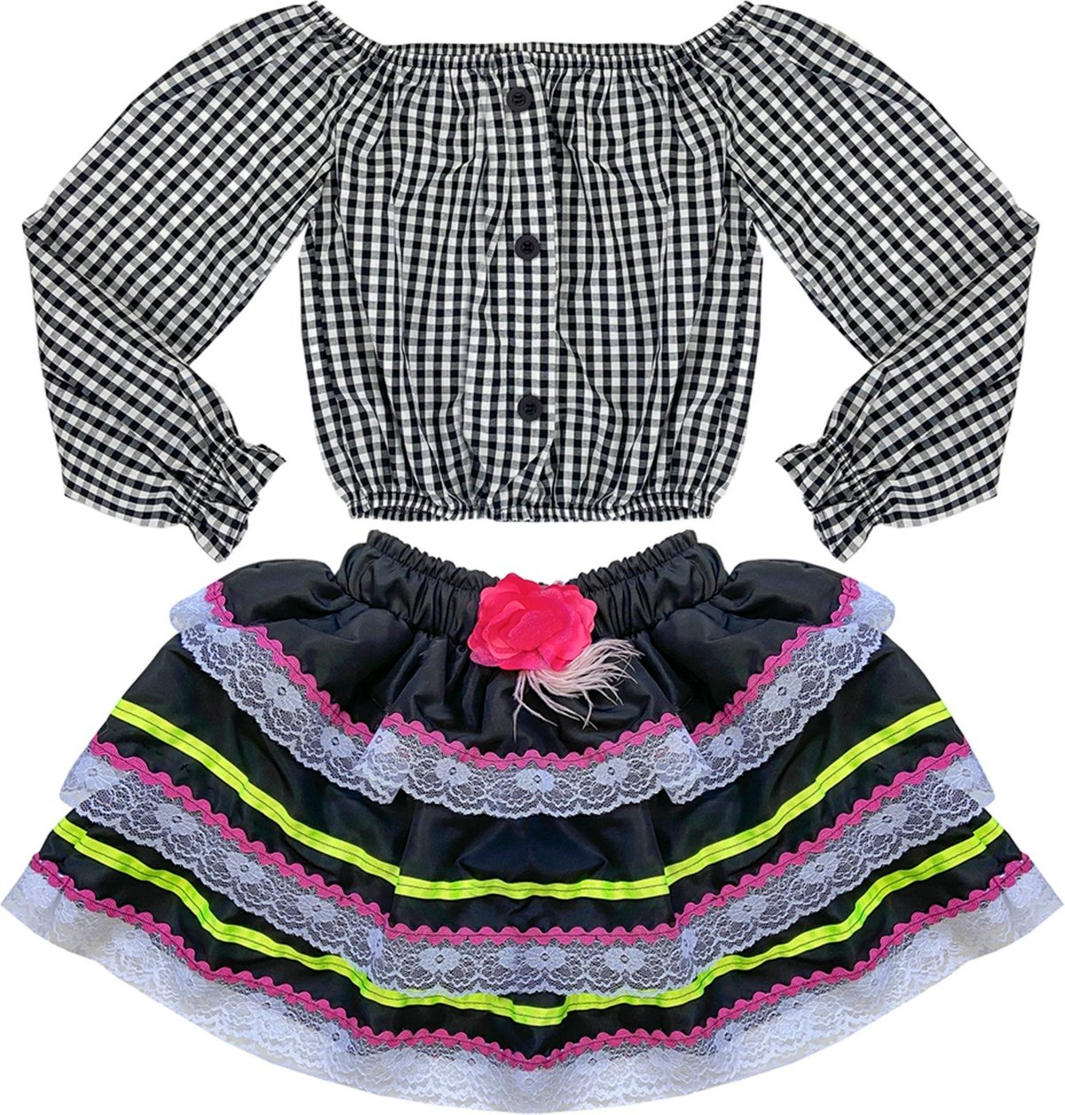 Imagem principal Infantil - Conjunto Juvenil Look Jeans Cropped c/ Saia Xadrez Preta preto Look Jeans preto