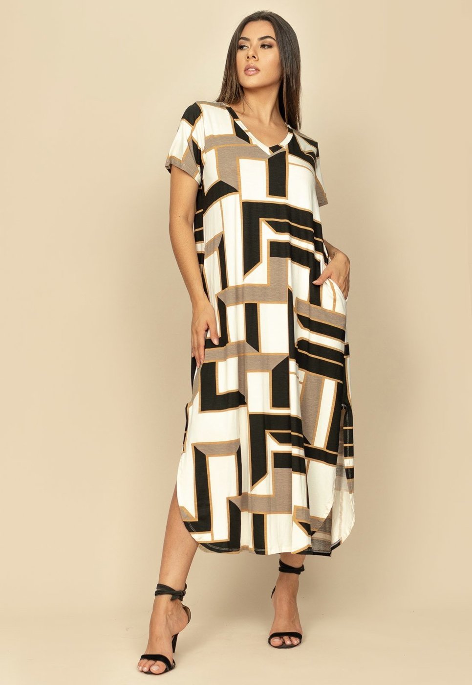 Vestido Midi Abapã Malha com Bolso Estampa Igaci