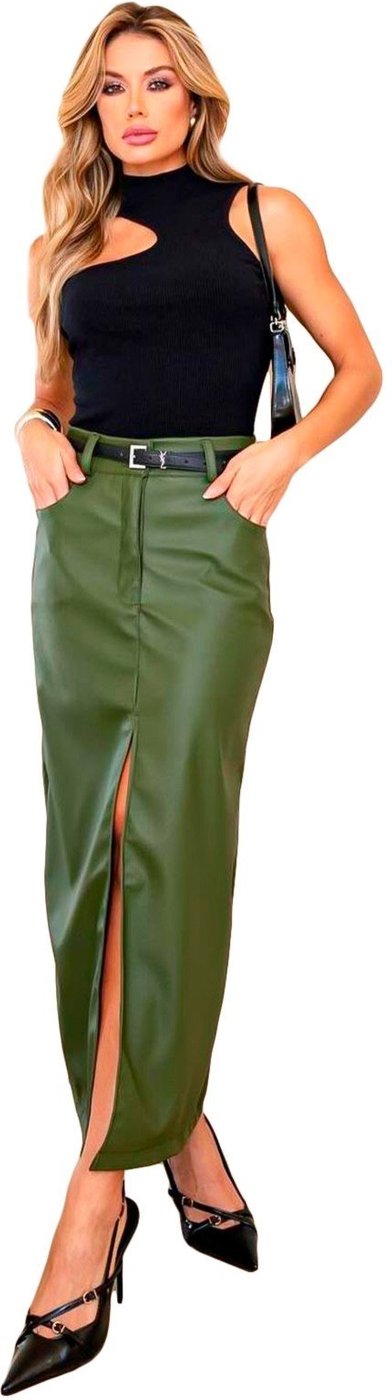 Imagem principal Saia Cou Sintético Midi Cós Alto Detalhe Botão Fecho Fenda Frontal Verde militar YWC ind preto verde YWC ind preto verde