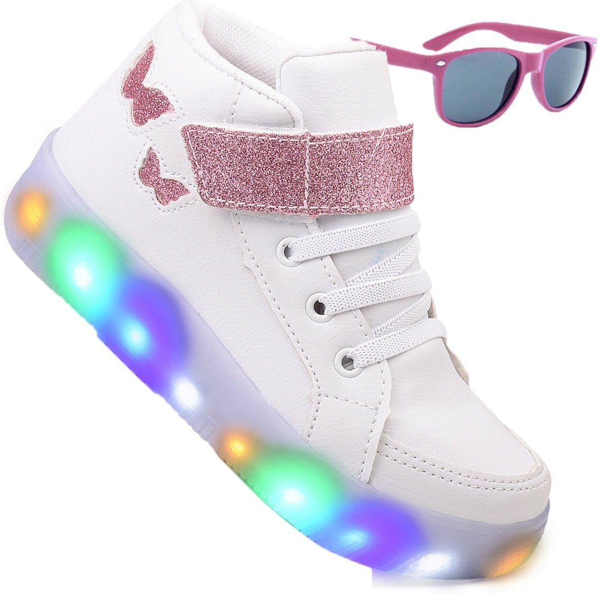Infantil - Kit Tênis De Led Botinha Borboleta Meninas Brilhante Óculos